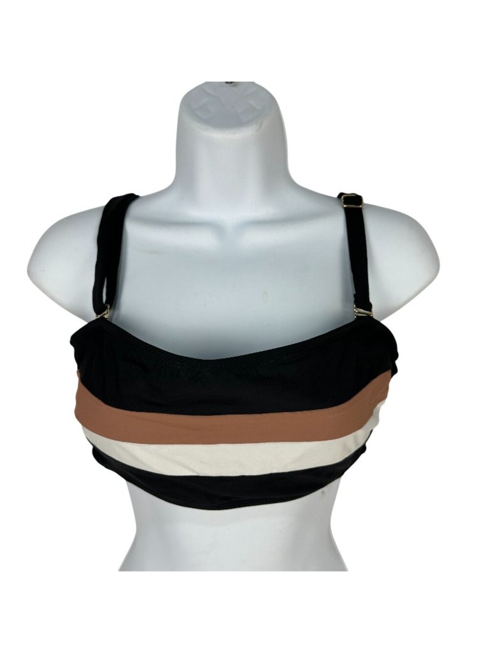 Time And Tru Womens Striped Bikini Top M Black/Brown/White Adjustable Straps